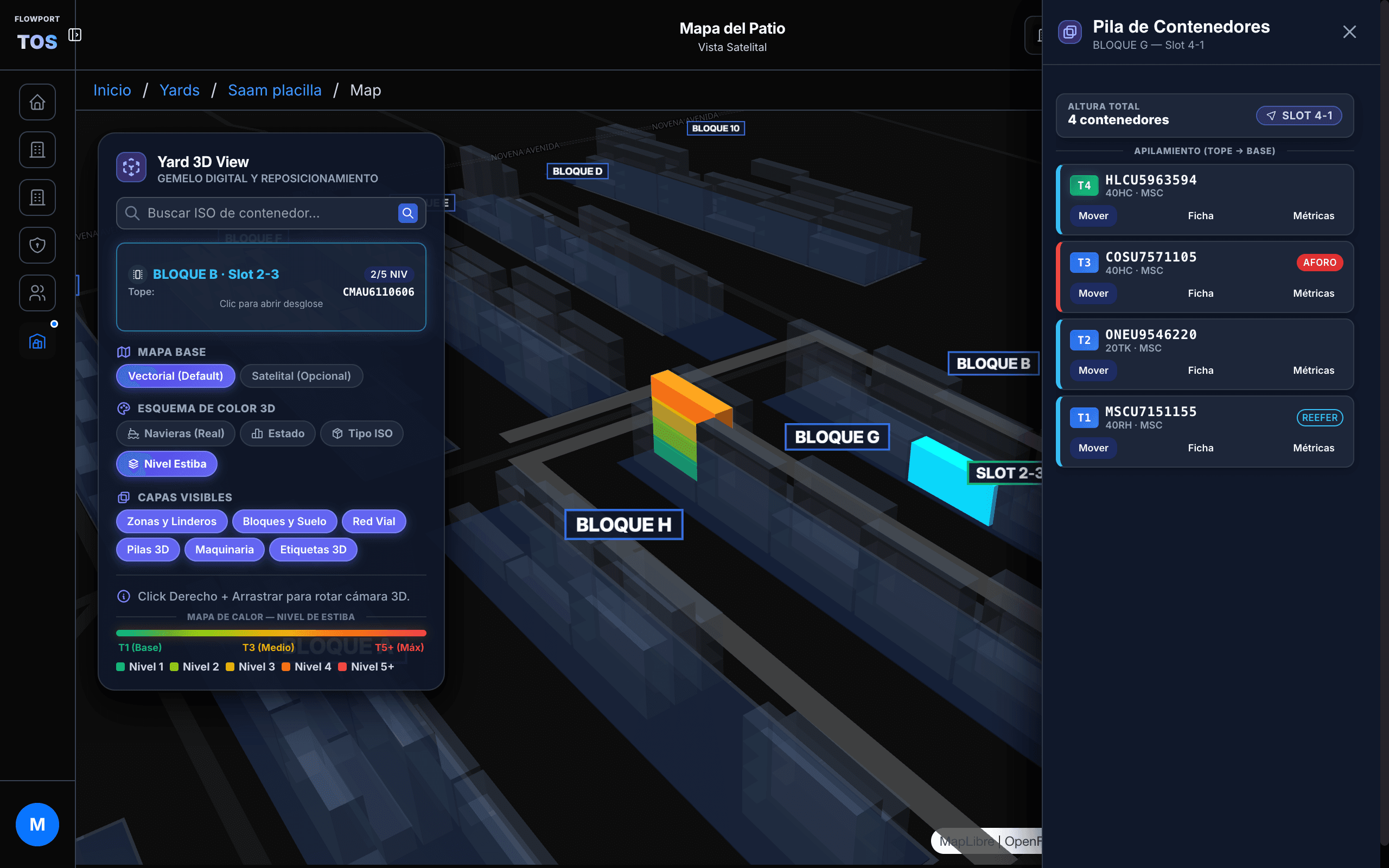 Gemelo digital 3D interactivo con simulación de escenarios What-If y asignación predictiva de estiba